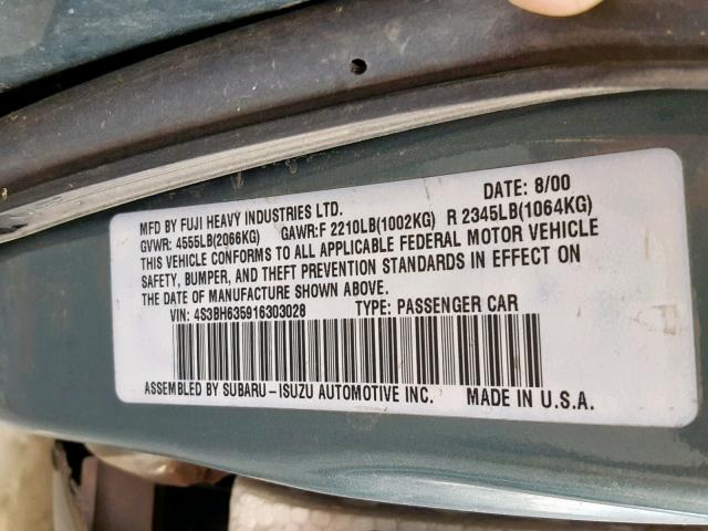 4S3BH635916303028 - 2001 SUBARU LEGACY L GREEN photo 10