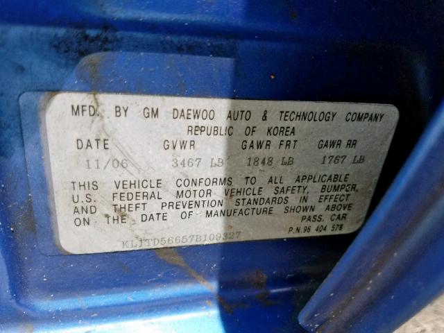 KL1TD56657B109327 - 2007 CHEVROLET AVEO BASE 蓝色 照片 10