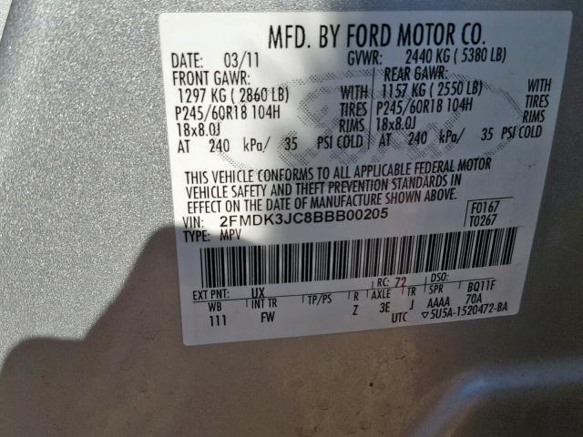 2FMDK3JC8BBB00205 - 2011 FORD EDGE SEL SILVER photo 10