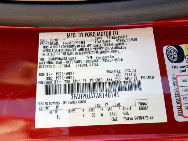 3FAHP0JA7AR140141 - 2010 FORD FUSION SEL RED photo 10