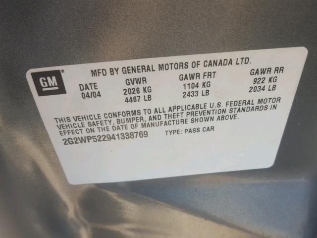2G2WP522941338769 - 2004 PONTIAC GRAND PRIX Сірий фото 10