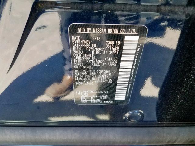 JN8AY2NDXJX002128 - 2018 NISSAN ARMADA SV BLUE photo 10