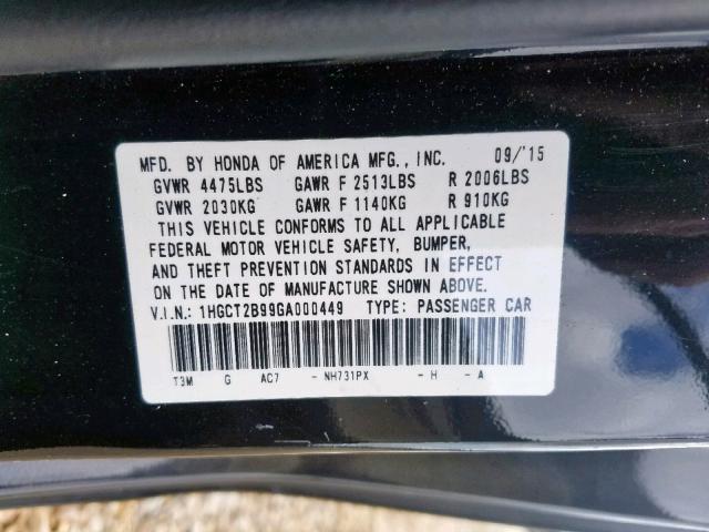 1HGCT2B99GA000449 - 2016 HONDA ACCORD EXL BLACK photo 10