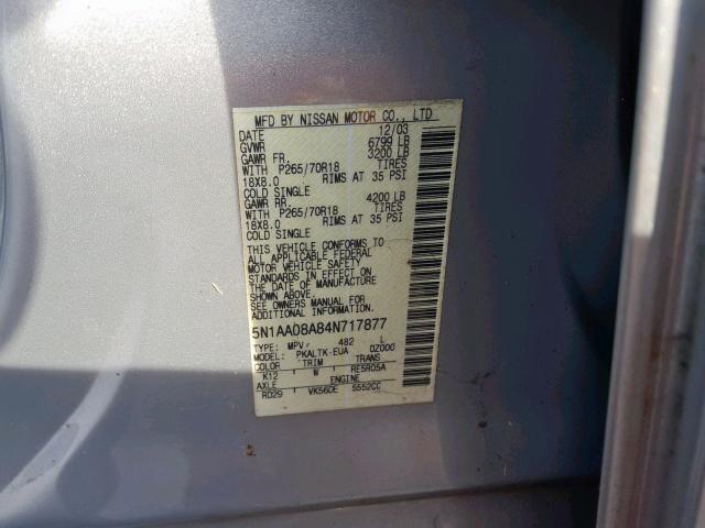 5N1AA08A84N717877 - 2004 NISSAN ARMADA SE SILVER photo 10