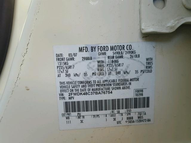 2FMDK48C37BA76754 - 2007 FORD EDGE SEL WHITE photo 10