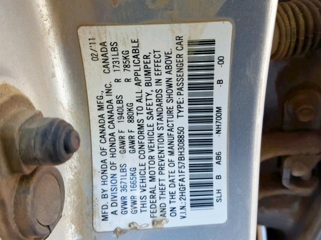 2HGFA1F57BH308850 - 2011 HONDA CIVIC LX فضي صورة 10