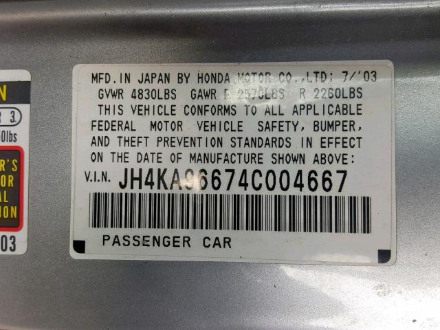 JH4KA96674C004667 - 2004 ACURA 3.5RL SILVER photo 10