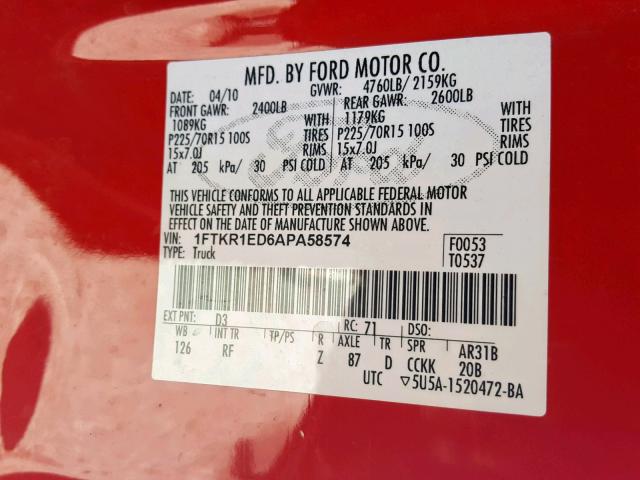 1FTKR1ED6APA58574 - 2010 FORD RANGER SUP RED photo 10