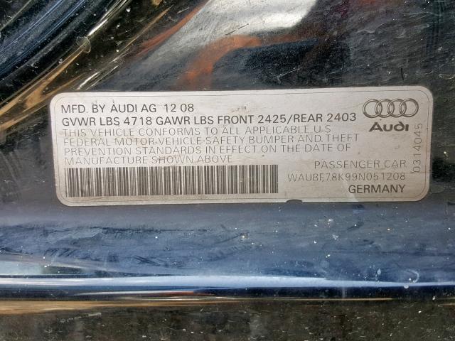 WAUBF78K99N051208 - 2009 AUDI A4 PRESTIG BLACK photo 10