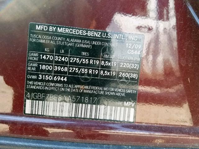 4JGBF7BE8AA571817 - 2010 MERCEDES-BENZ GL 450 4MA PURPLE photo 10