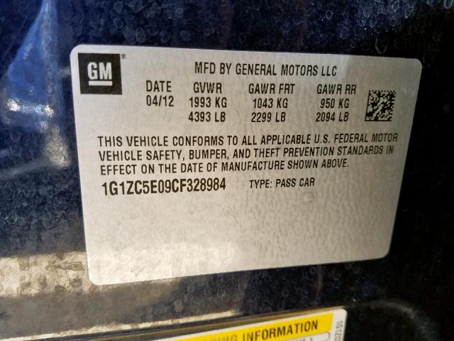 1G1ZC5E09CF328984 - 2012 CHEVROLET MALIBU 1LT BLUE photo 10