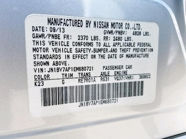 JN1BV7AP1EM680721 - 2014 INFINITI Q50 BASE SILVER photo 10