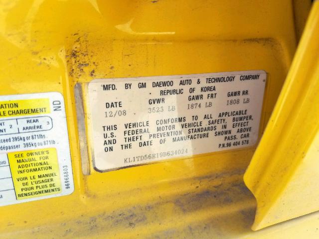 KL1TD56E19B634024 - 2009 CHEVROLET AVEO LS YELLOW photo 10