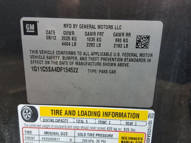 1G11C5SA4DF134522 - 2013 CHEVROLET MALIBU 1LT GRAY photo 10