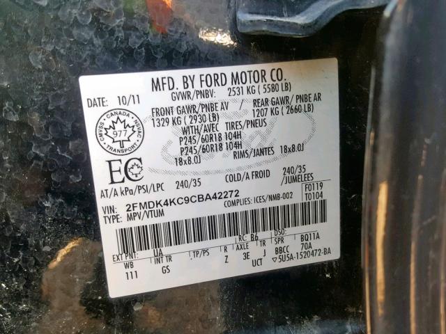 2FMDK4KC9CBA42272 - 2012 FORD EDGE LIMIT BLACK photo 10