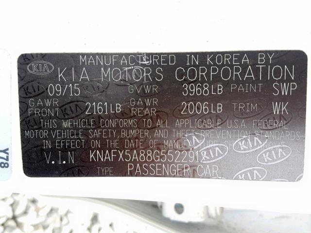 KNAFX5A88G5522912 - 2016 KIA FORTE EX WHITE photo 10