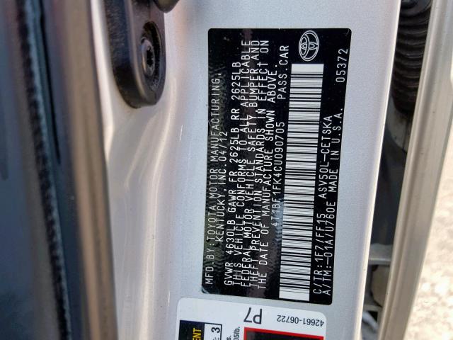 4T1BF1FK4CU090705 - 2012 TOYOTA CAMRY BASE SILVER photo 10
