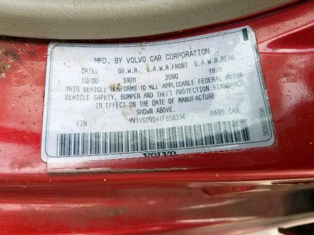 YV1VS29541F656396 - 2001 VOLVO S40 1.9T RED photo 10