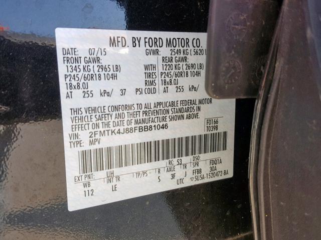 2FMTK4J88FBB81046 - 2015 FORD EDGE SEL BLACK photo 10