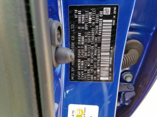 JHMFC1F78JX042077 - 2018 HONDA CIVIC EXL ლურჯი ფოტო 10