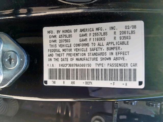 1HGCP36878A046150 - 2008 HONDA ACCORD EXL BLACK photo 10