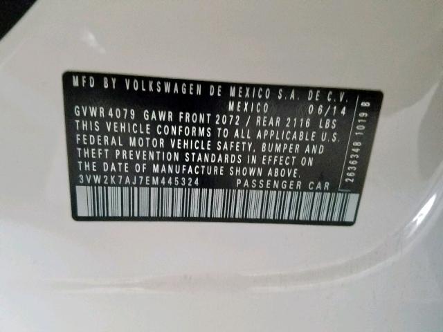 3VW2K7AJ7EM445324 - 2014 VOLKSWAGEN JETTA BASE Սպիտակ լուսանկար 10