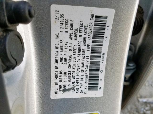 19UUA8F74DA005186 - 2013 ACURA TL ADVANCE SILVER photo 10