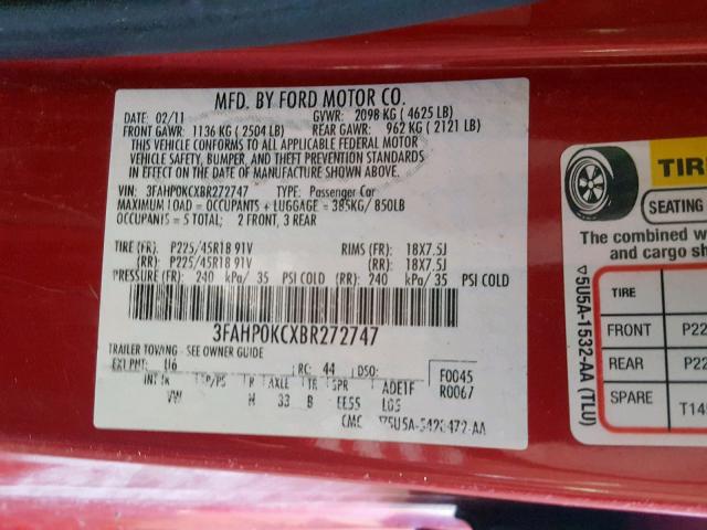 3FAHP0KCXBR272747 - 2011 FORD FUSION SPO RED photo 10