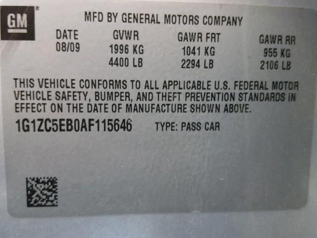 1G1ZC5EB0AF115646 - 2010 CHEVROLET MALIBU 1LT SILVER photo 10