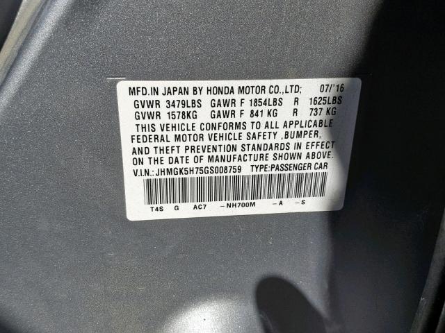 JHMGK5H75GS008759 - 2016 HONDA FIT EX SILVER photo 10