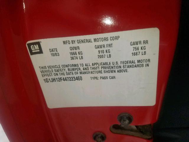 1G1JH12F447223460 - 2004 CHEVROLET CAVALIER L RED photo 10