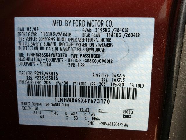 1LNHM86SX4Y673170 - 2004 LINCOLN LS MAROON photo 10