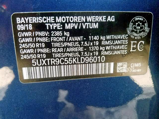 5UXTR9C55KLD96010 - 2019 BMW X3 XDRIVE3 BLUE photo 10