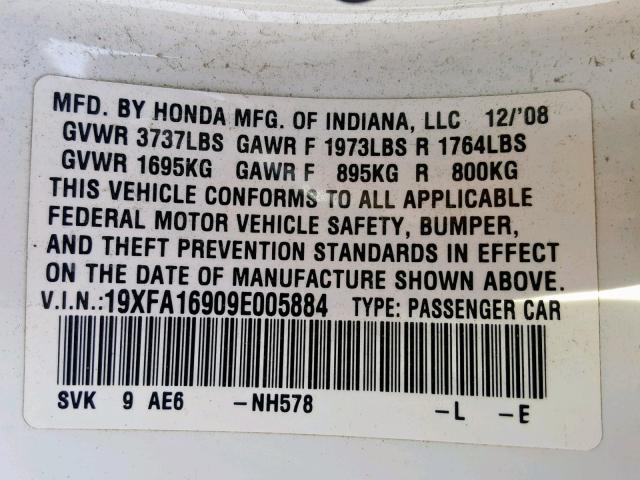 19XFA16909E005884 - 2009 HONDA CIVIC EXL 白色 照片 10