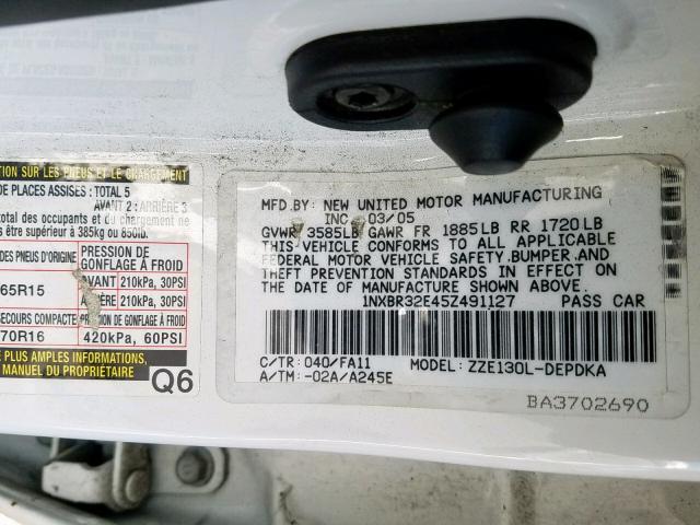 1NXBR32E45Z491127 - 2005 TOYOTA COROLLA WHITE photo 10