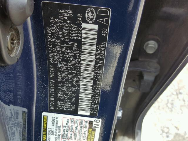 2T1LR32E25C345721 - 2005 TOYOTA COROLLA MA BLUE photo 10