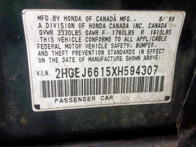 2HGEJ6615XH594307 - 1999 HONDA CIVIC BASE GREEN photo 10