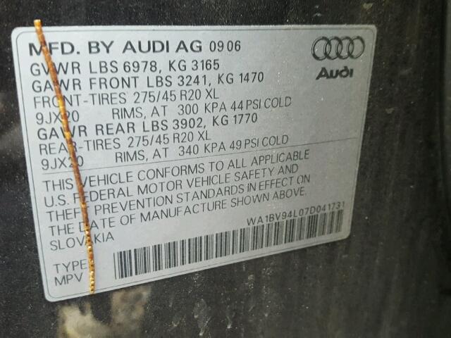 WA1BV94L07D041731 - 2007 AUDI Q7 4.2 QUA BLACK photo 10