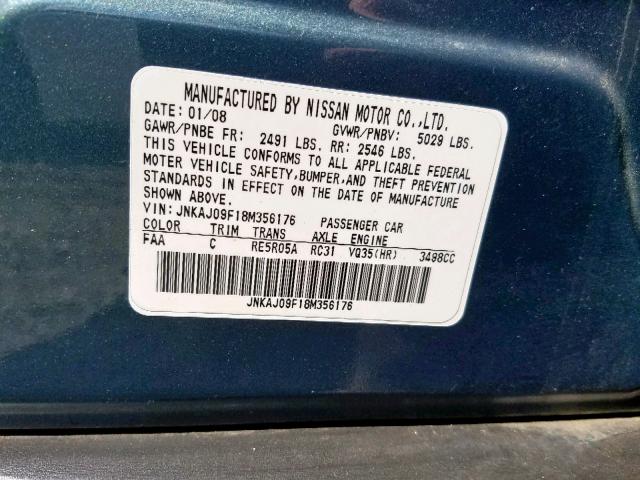 JNKAJ09F18M356176 - 2008 INFINITI EX35 BASE BLUE photo 10