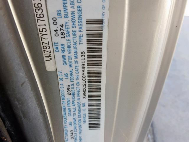 3VWCC21C0YM491135 - 2000 VOLKSWAGEN NEW BEETLE ვერცხლისფერი ფოტო 10