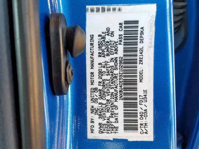 1NXBU40E59Z102962 - 2009 TOYOTA COROLLA BA BLUE photo 10