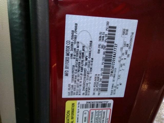 2FMZA52205BA77727 - 2005 FORD FREESTAR S RED photo 10