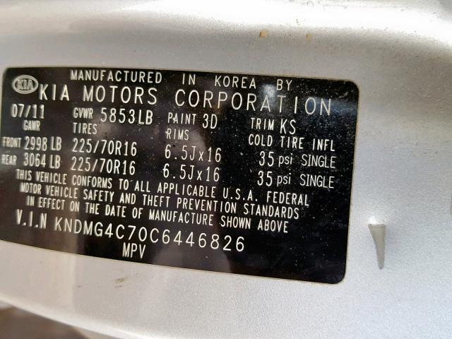 KNDMG4C70C6446826 - 2012 KIA SEDONA LX SILVER photo 10