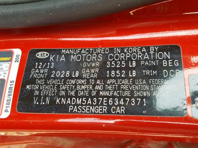 KNADM5A37E6347371 - 2014 KIA RIO LX RED photo 10