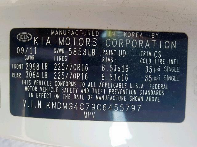 KNDMG4C79C6455797 - 2012 KIA SEDONA LX WHITE photo 10