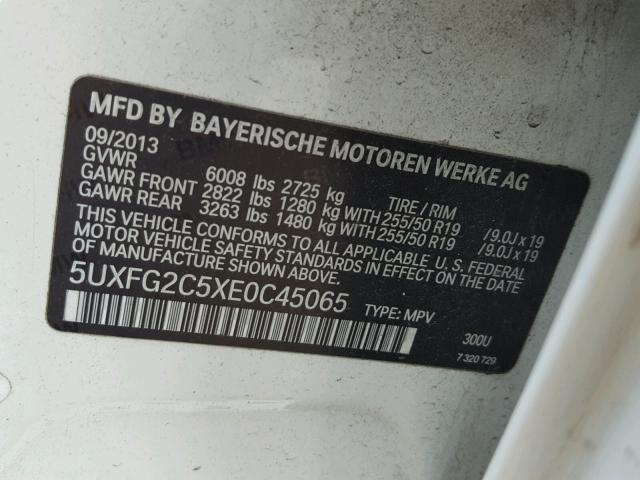 5UXFG2C5XE0C45065 - 2014 BMW X6 XDRIVE3 WHITE photo 10