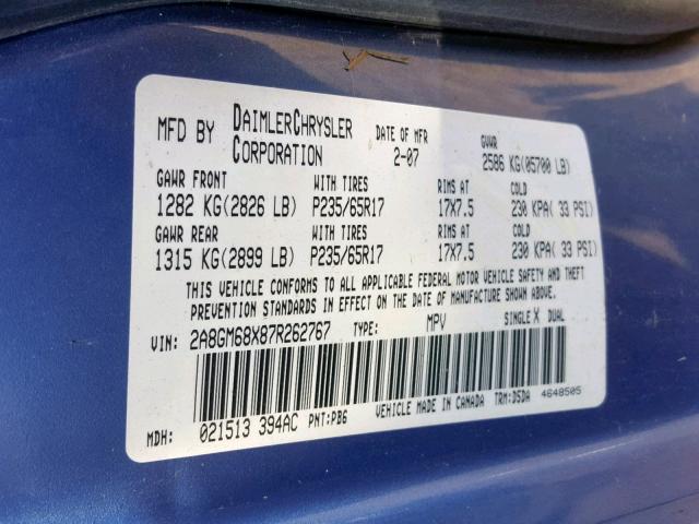 2A8GM68X87R262767 - 2007 CHRYSLER PACIFICA T BLUE photo 10