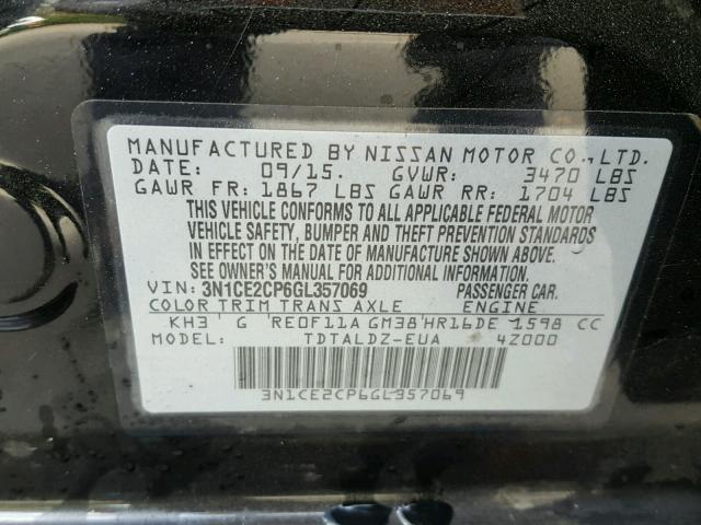 3N1CE2CP6GL357069 - 2016 NISSAN VERSA NOTE BLACK photo 10