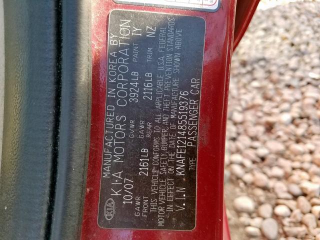 KNAFE121485519376 - 2008 KIA SPECTRA EX RED photo 10