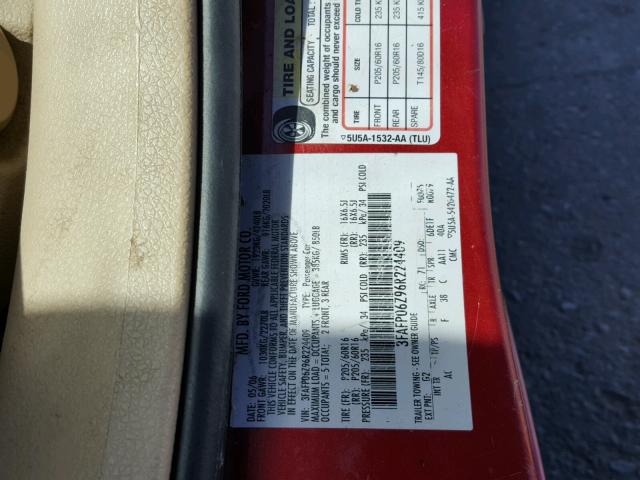 3FAFP06Z96R224409 - 2006 FORD FUSION S RED photo 10